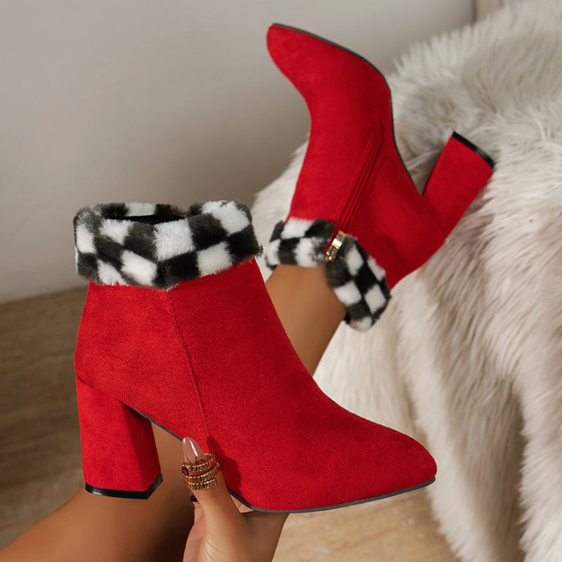 New Plaid Print Plush Ankle Boots Winter Fashoin Square Heel Suede Boots Women Casual Versatile Shoes Autumn And Winter Image