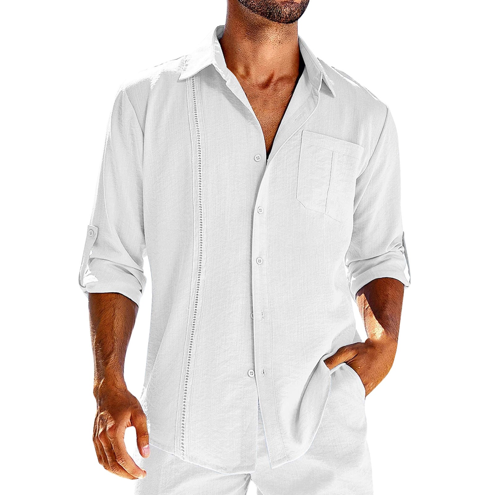 Casual  Long Sleeve Shirt With Pocket Lace Polo Collar Solid Color Button Mens Clothing Image