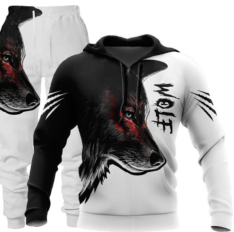 3D Wolf Print Tracksuit Men Sportswear Hooded Sweatsuit Two Piece Outdoors Running Fitness Mens Clothing Jogging Set Image