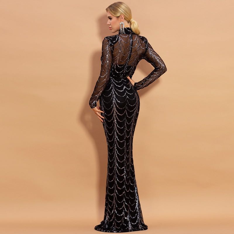 Sequins Women Maxi Dresses Long Sleeve Female Party Dresses Image