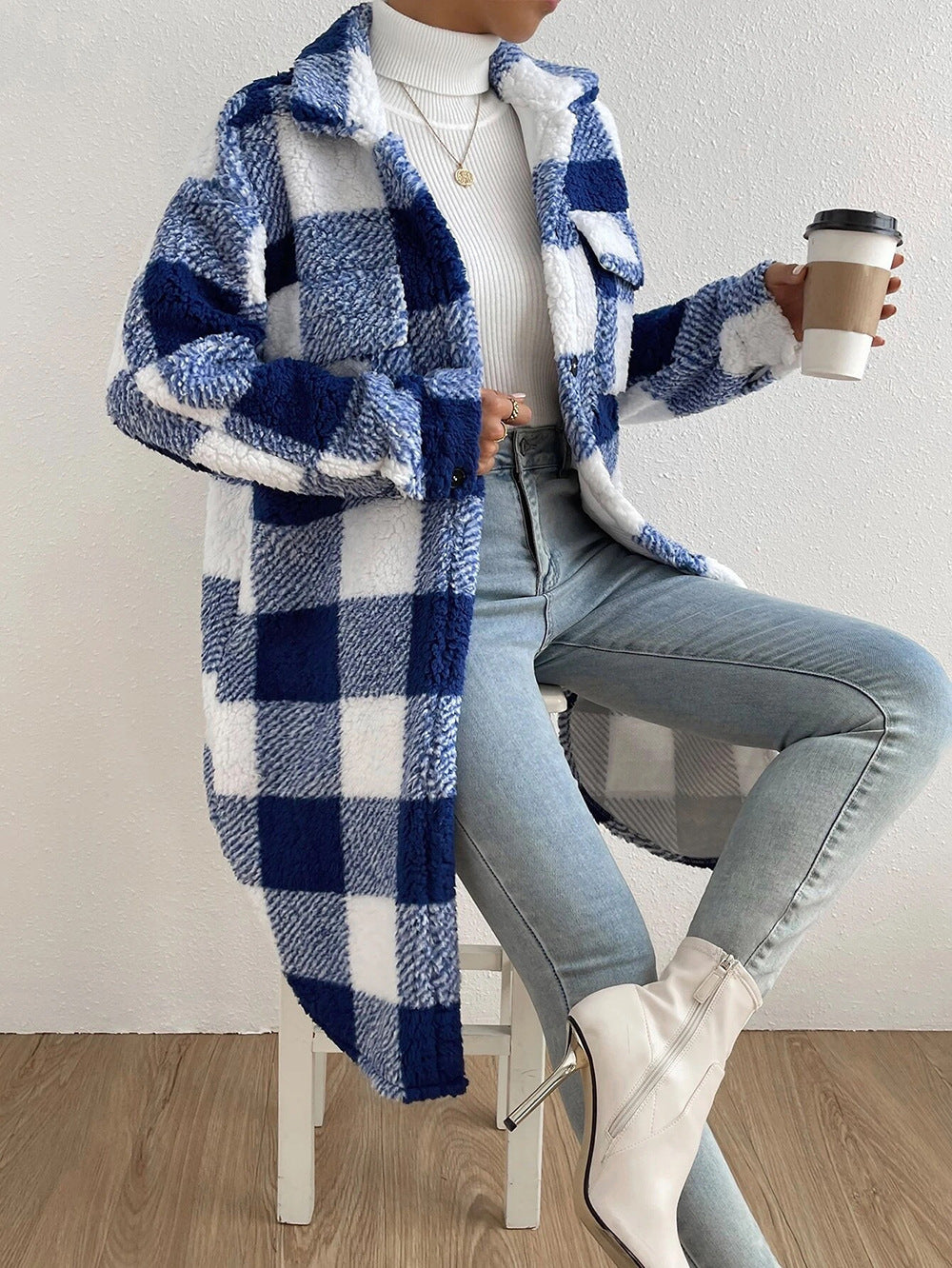 Button Lapel Plush Plaid Coat Loose Image