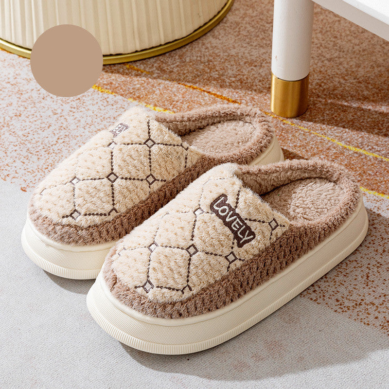 Thick-soled Non-slip Fluffy Slippers With Rhombus Pattern Design Couple Men's Cotton Shoes Indoor Floor Plaid Plush House Slippers Woman Image