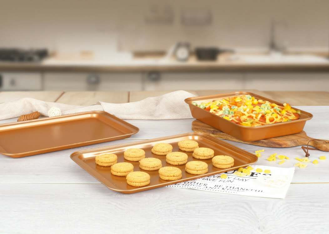 Original Cookie Sheet & Roasting Tray Set - 3 Pcs Toxic Free NONSTICK - Organic Environmental Friendly Premium Coating - Durable Quality - 2 X Baking Sheets 1 X Roasting Pan - BAKEWARE Image