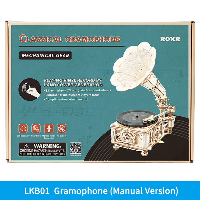 Robotime ROKR DIY Hand Crank Classic Gramophone Wooden Puzzle Model Building Kits Assembly Toy Gift For Children LKB01 Image