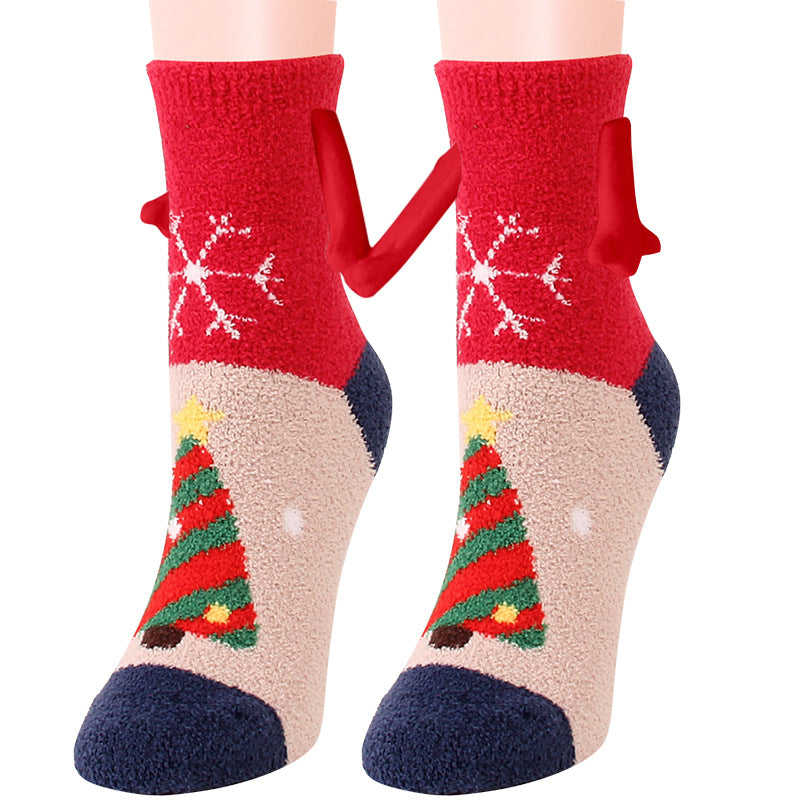 Christmas Supplies Magnetic Suction Hand In Hand Couple Socks Coral Fleece Tube Socks Warm Slipper Bed Socks Winter Soft Warm Slipper Image