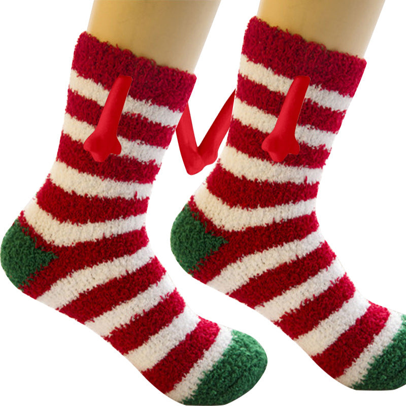 Christmas Supplies Magnetic Suction Hand In Hand Couple Socks Coral Fleece Tube Socks Warm Slipper Bed Socks Winter Soft Warm Slipper Image