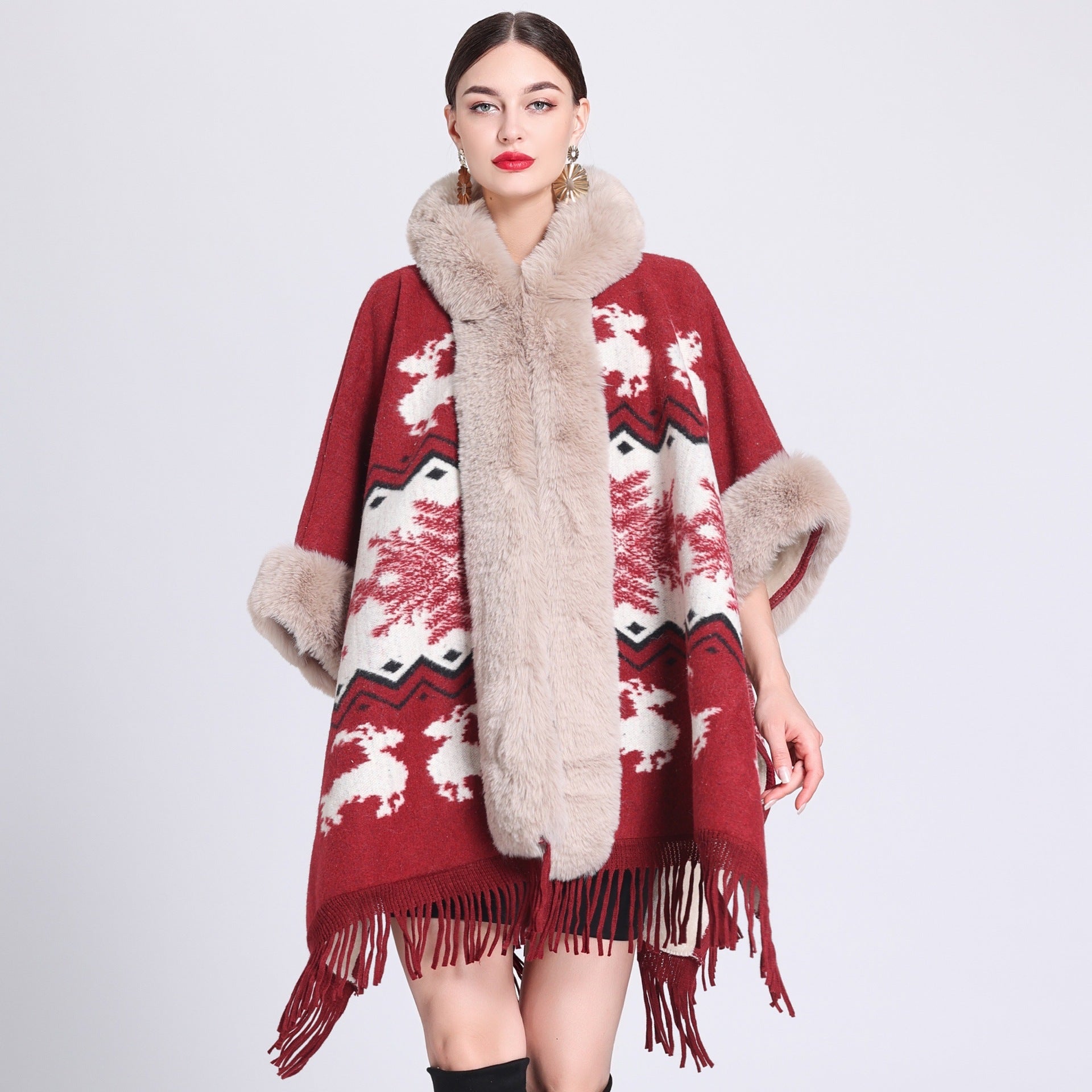 Loose Plaid Plus Cashmere Fur Collar Knitted Inverness Image