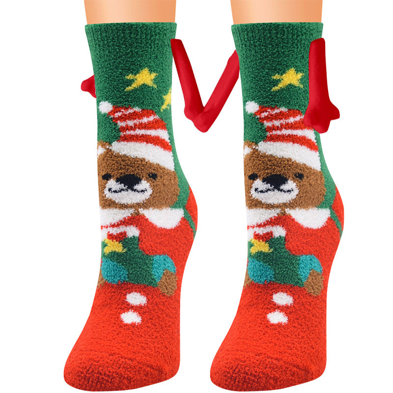 Christmas Supplies Magnetic Suction Hand In Hand Couple Socks Coral Fleece Tube Socks Warm Slipper Bed Socks Winter Soft Warm Slipper Image