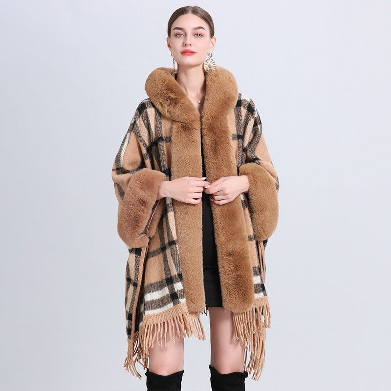 Loose Plaid Plus Cashmere Fur Collar Knitted Inverness Image