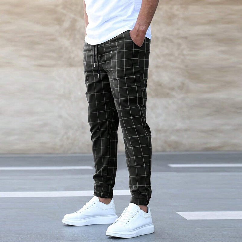 Fashion Plaid Print Pants Men's Casual Drawstring Trousers Image