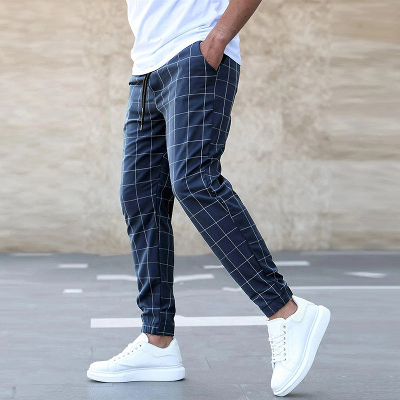 Fashion Plaid Print Pants Men's Casual Drawstring Trousers Image