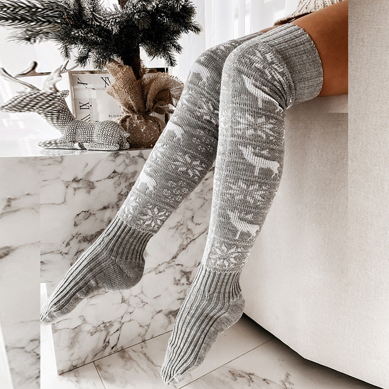 Winter Christmas Warm Knitted Women Stocking Beautiful Elk Snowflake Jacquard Over-the-knee Casual Long Socks For Ladies Gifts Free Size Image