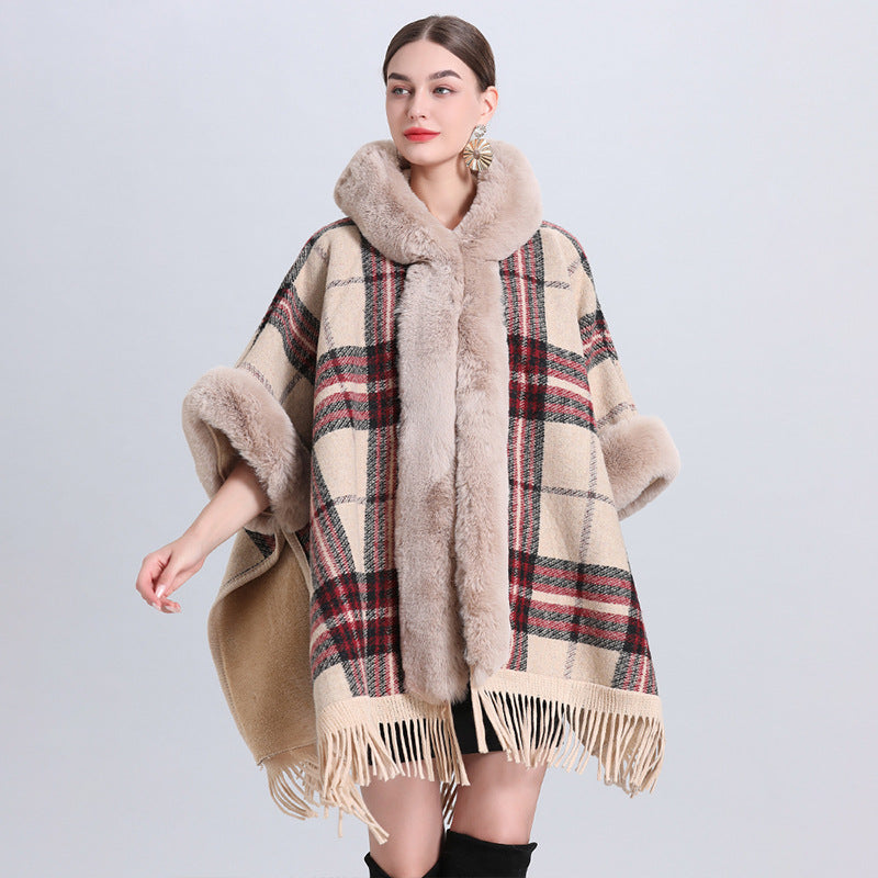 Loose Plaid Plus Cashmere Fur Collar Knitted Inverness Image