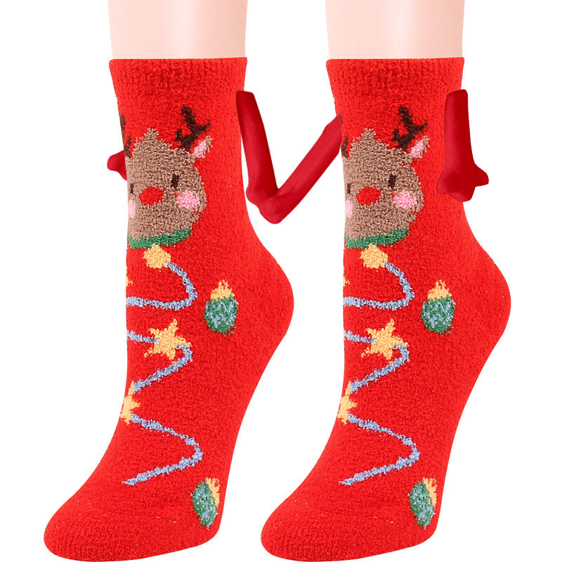 Christmas Supplies Magnetic Suction Hand In Hand Couple Socks Coral Fleece Tube Socks Warm Slipper Bed Socks Winter Soft Warm Slipper Image