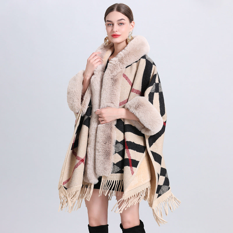 Loose Plaid Plus Cashmere Fur Collar Knitted Inverness Image