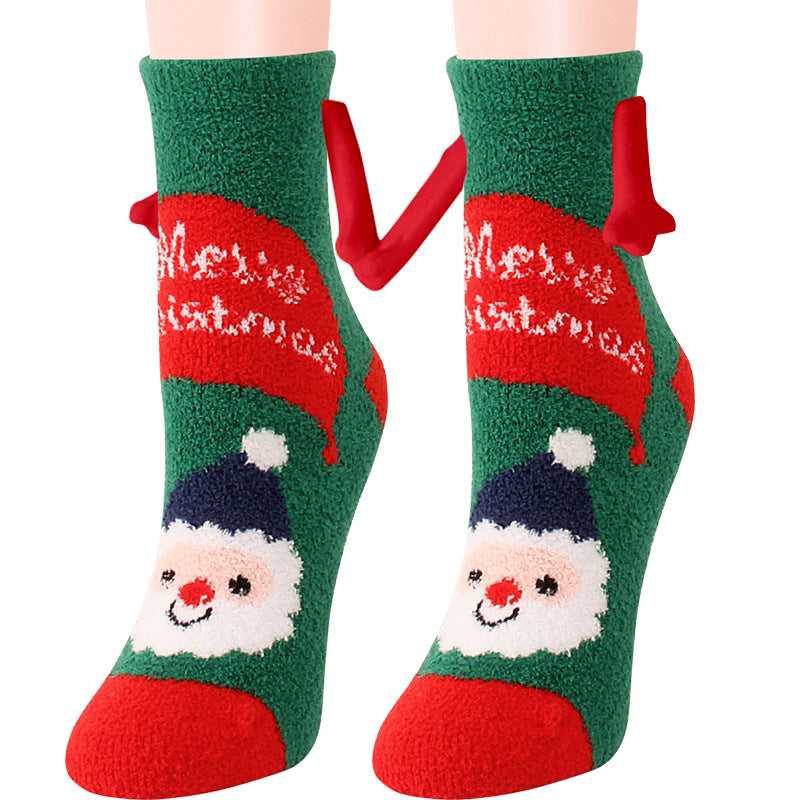 Christmas Supplies Magnetic Suction Hand In Hand Couple Socks Coral Fleece Tube Socks Warm Slipper Bed Socks Winter Soft Warm Slipper Image