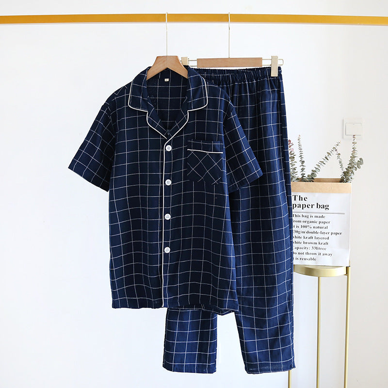 Single-line Plaid Pajamas Men's Short-sleeved Trousers Suit Image