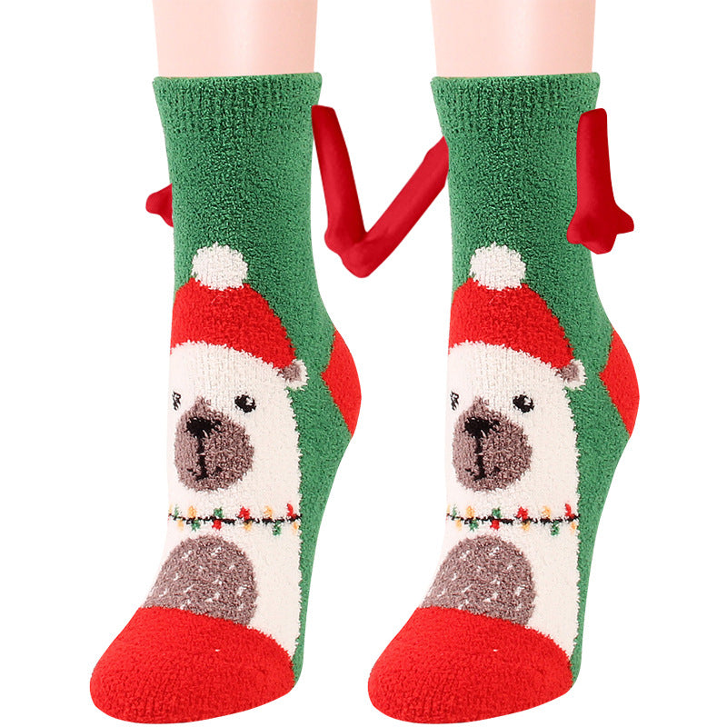 Christmas Supplies Magnetic Suction Hand In Hand Couple Socks Coral Fleece Tube Socks Warm Slipper Bed Socks Winter Soft Warm Slipper Image