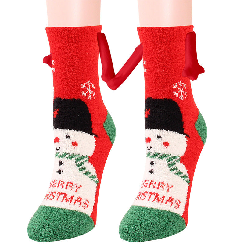 Christmas Supplies Magnetic Suction Hand In Hand Couple Socks Coral Fleece Tube Socks Warm Slipper Bed Socks Winter Soft Warm Slipper Image