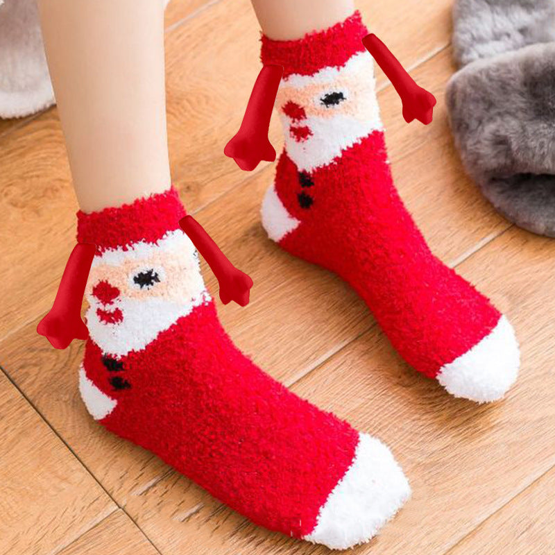 Christmas Supplies Magnetic Suction Hand In Hand Couple Socks Coral Fleece Tube Socks Warm Slipper Bed Socks Winter Soft Warm Slipper Image