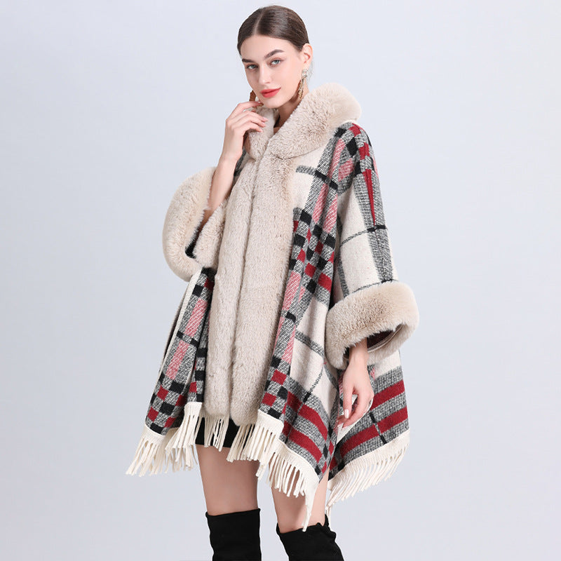 Loose Plaid Plus Cashmere Fur Collar Knitted Inverness Image