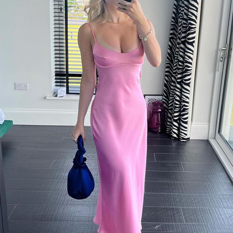 2023 Women Camis Satin Long Dresses Elegant Sleeveless Slip Holiday Party Dresses Sexy Casual Backless Summer Dresses Image