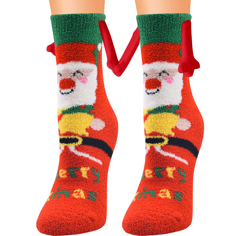 Christmas Supplies Magnetic Suction Hand In Hand Couple Socks Coral Fleece Tube Socks Warm Slipper Bed Socks Winter Soft Warm Slipper Image