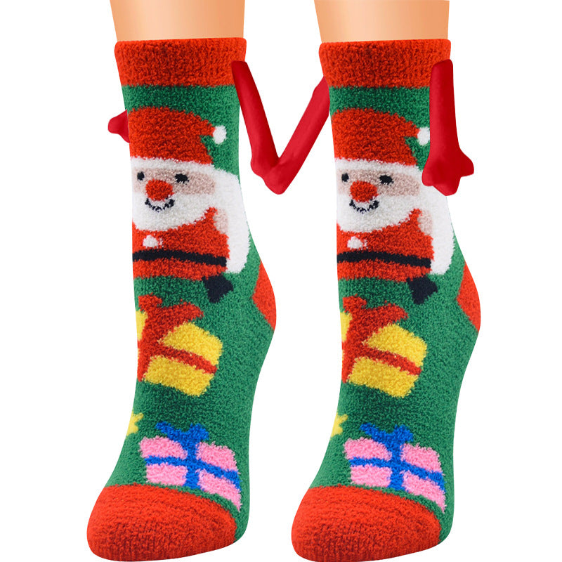 Christmas Supplies Magnetic Suction Hand In Hand Couple Socks Coral Fleece Tube Socks Warm Slipper Bed Socks Winter Soft Warm Slipper Image