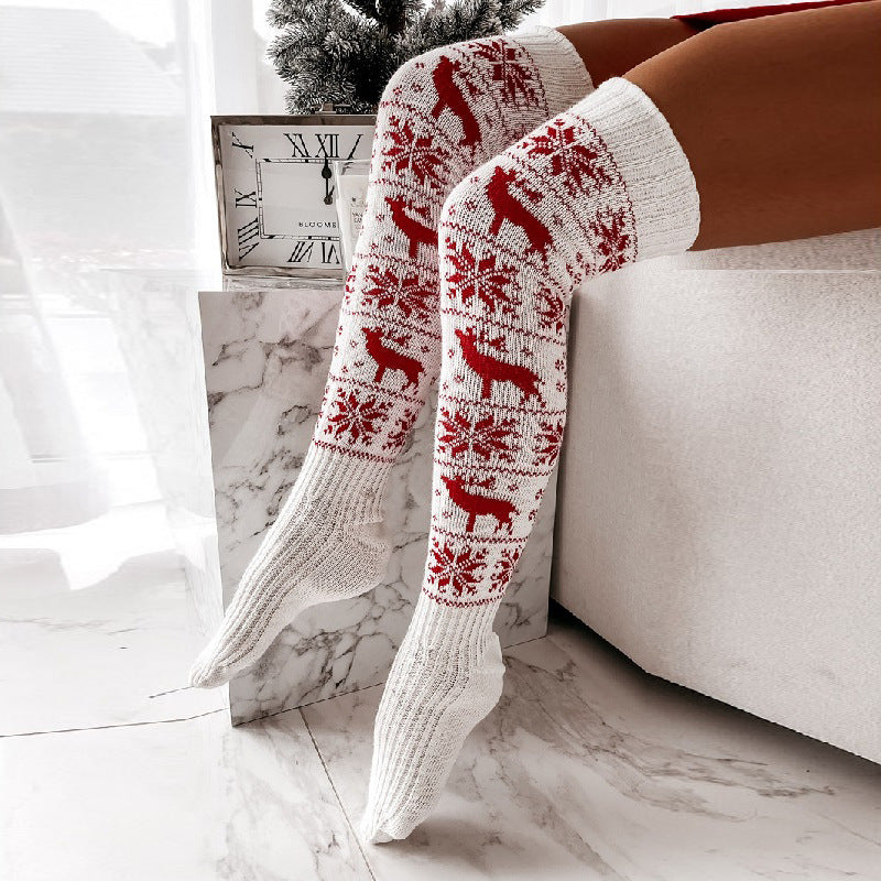 Winter Christmas Warm Knitted Women Stocking Beautiful Elk Snowflake Jacquard Over-the-knee Casual Long Socks For Ladies Gifts Free Size Image