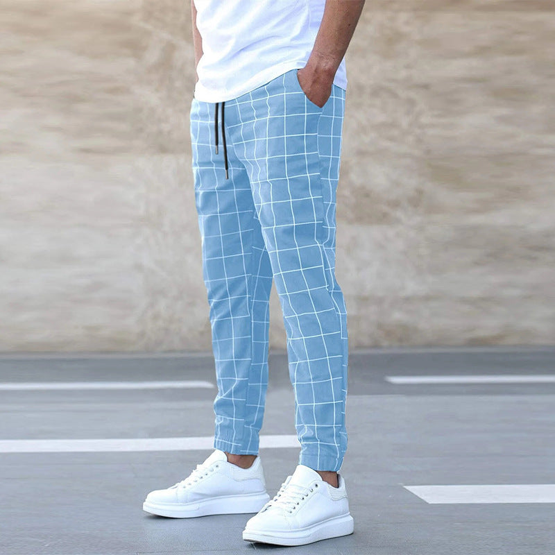 Fashion Plaid Print Pants Men's Casual Drawstring Trousers Image