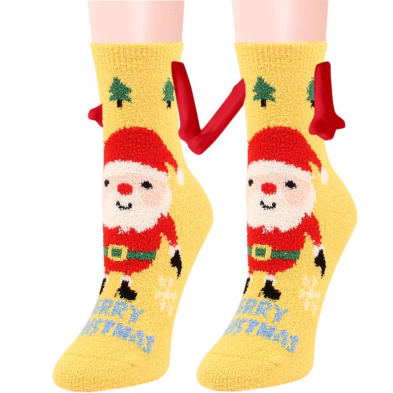 Christmas Supplies Magnetic Suction Hand In Hand Couple Socks Coral Fleece Tube Socks Warm Slipper Bed Socks Winter Soft Warm Slipper Image