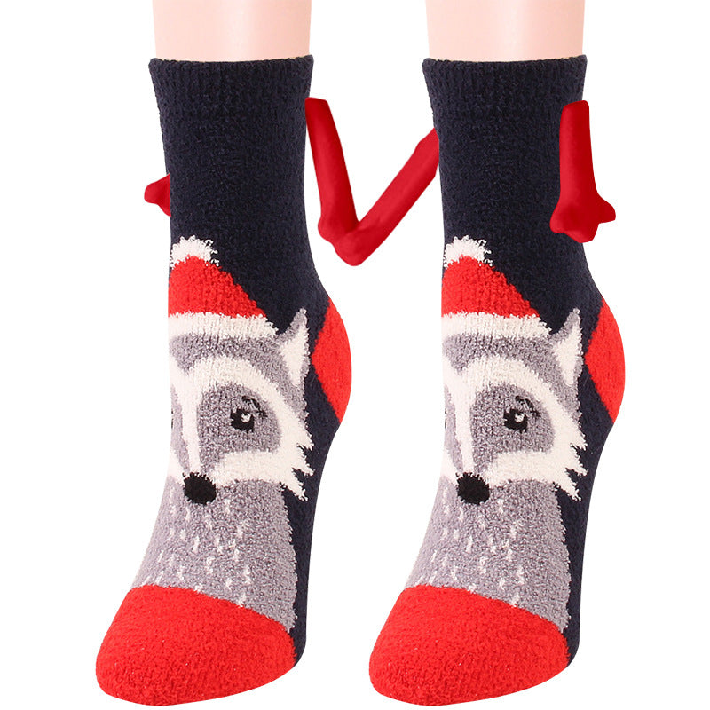 Christmas Supplies Magnetic Suction Hand In Hand Couple Socks Coral Fleece Tube Socks Warm Slipper Bed Socks Winter Soft Warm Slipper Image