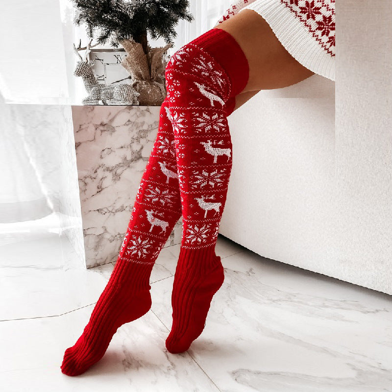 Winter Christmas Warm Knitted Women Stocking Beautiful Elk Snowflake Jacquard Over-the-knee Casual Long Socks For Ladies Gifts Free Size Image