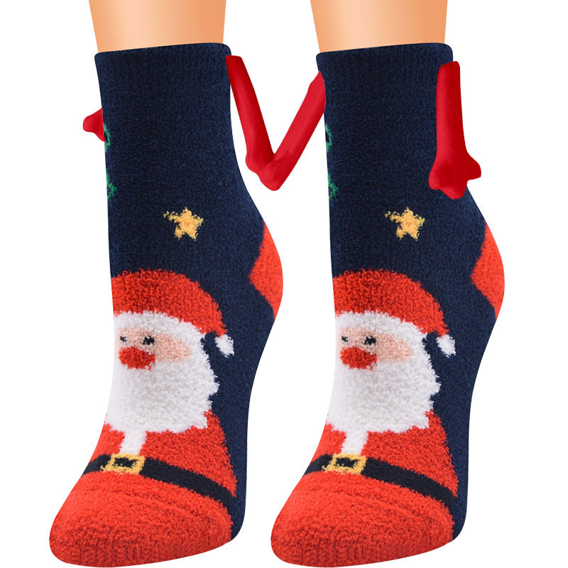 Christmas Supplies Magnetic Suction Hand In Hand Couple Socks Coral Fleece Tube Socks Warm Slipper Bed Socks Winter Soft Warm Slipper Image