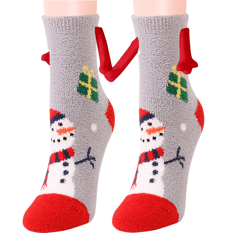 Christmas Supplies Magnetic Suction Hand In Hand Couple Socks Coral Fleece Tube Socks Warm Slipper Bed Socks Winter Soft Warm Slipper Image