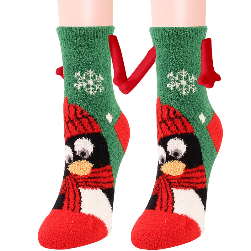 Christmas Supplies Magnetic Suction Hand In Hand Couple Socks Coral Fleece Tube Socks Warm Slipper Bed Socks Winter Soft Warm Slipper Image