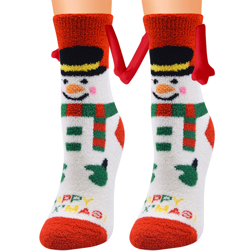 Christmas Supplies Magnetic Suction Hand In Hand Couple Socks Coral Fleece Tube Socks Warm Slipper Bed Socks Winter Soft Warm Slipper Image