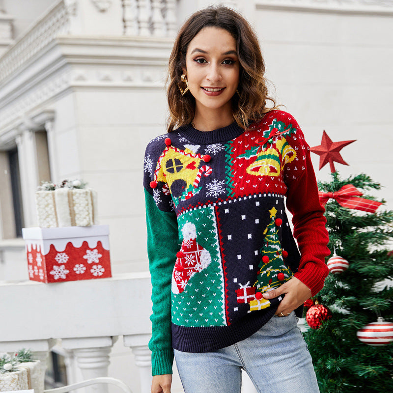 Women's Christmas Tree Snowflake Knitted Sweaters Long Sleeve Crew Neck Embroidery Pullover Knitwear Winter Tops Clothes Image