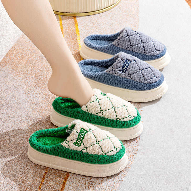 Thick-soled Non-slip Fluffy Slippers With Rhombus Pattern Design Couple Men's Cotton Shoes Indoor Floor Plaid Plush House Slippers Woman