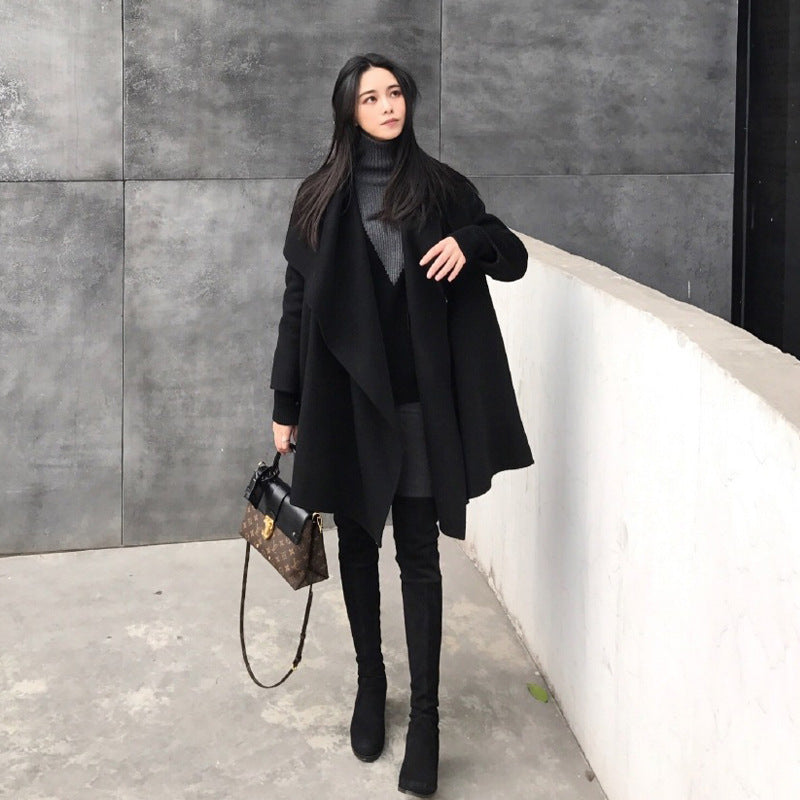 Black Medium Long Irregular Loose Cloak Woolen Coat Image