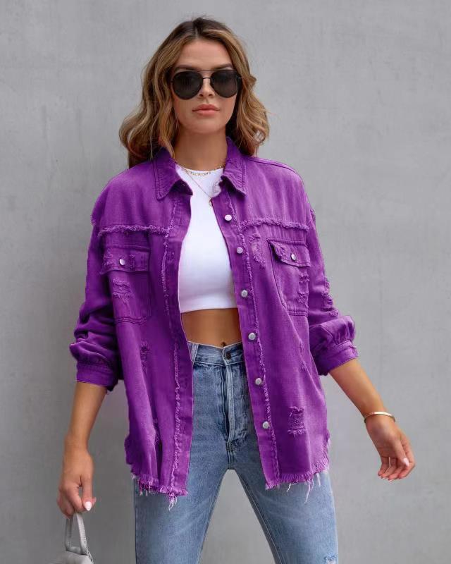 Fashion Ripped Shirt Jacket Female Autumn And Spring Casual Tops Womens Clothing Image