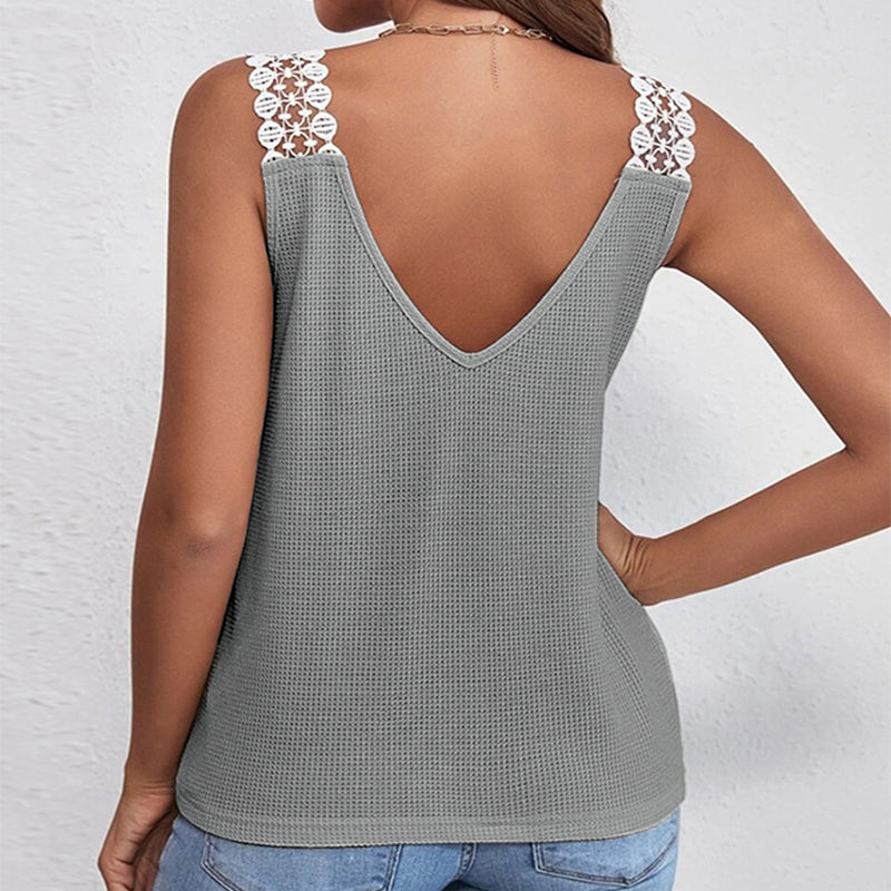 Waffle V-Neck Vest Sleeveless Lace Tank Shirt Tops Summer Image