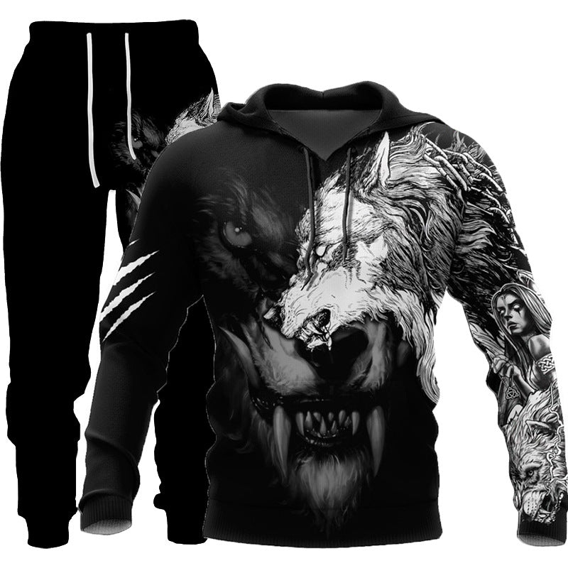 3D Wolf Print Tracksuit Men Sportswear Hooded Sweatsuit Two Piece Outdoors Running Fitness Mens Clothing Jogging Set Image