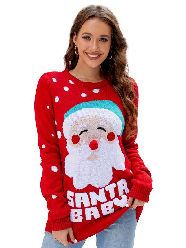 Women's Tops Santa Pullover Sweater Autumn And Winter Letter Embroidery Christmas Red Sweaters Long Sleeve Crew Neck Clothes Image