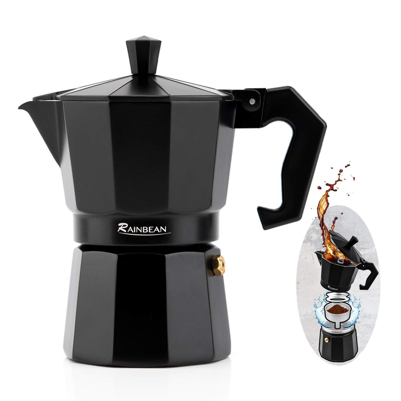 Stovetop Espresso Maker Espresso Cup Moka Pot Classic Cafe Maker Percolator Coffee Maker Italian Espresso for Gas or Electric Aluminum Black Gift package with 2 cups Amazon Platform Banned Image