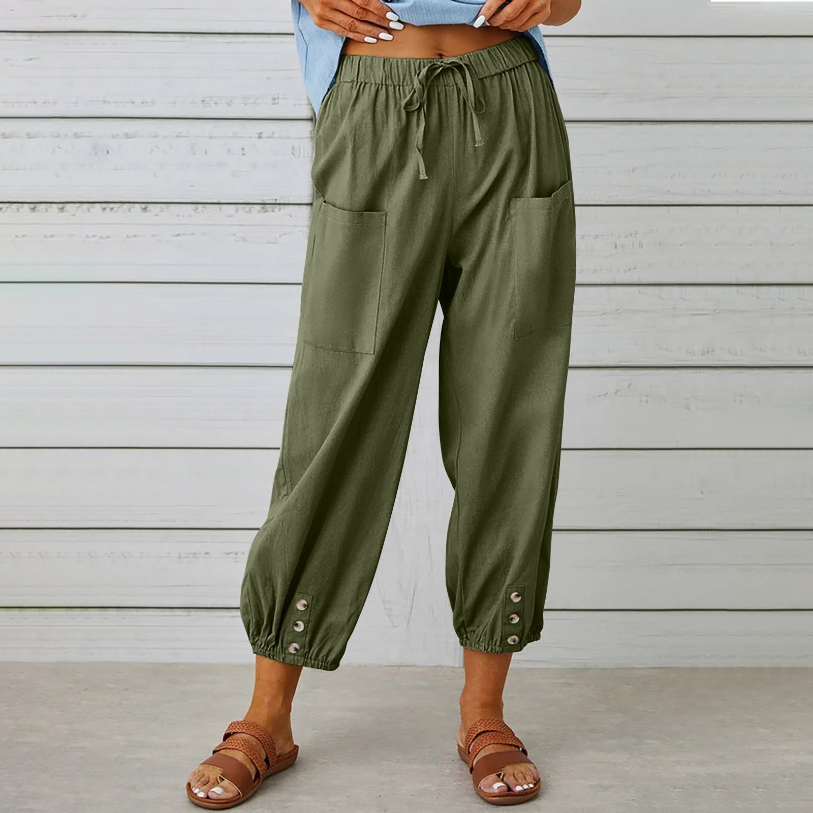 Women Drawstring Tie Pants Spring Summer Cotton And Linen Trousers With Pockets Button Image