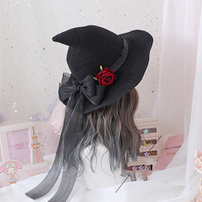 Lolita Halloween Retro Witch Hat Masquerade Rose Big Bow Wizard Hat Gothic Magical Girl Hat Cosplay Accessories Party Decor Image