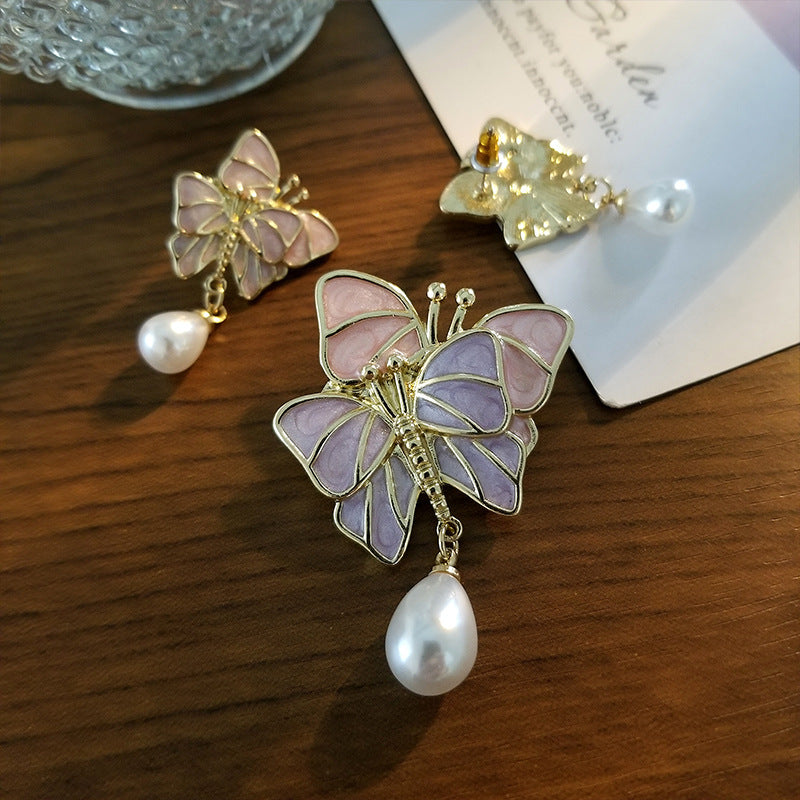 Tender Butterfly Brooch Female Silk Scarf Button Cartoon Enamel Waist Closing Pin Ins Pearl Accessories Image