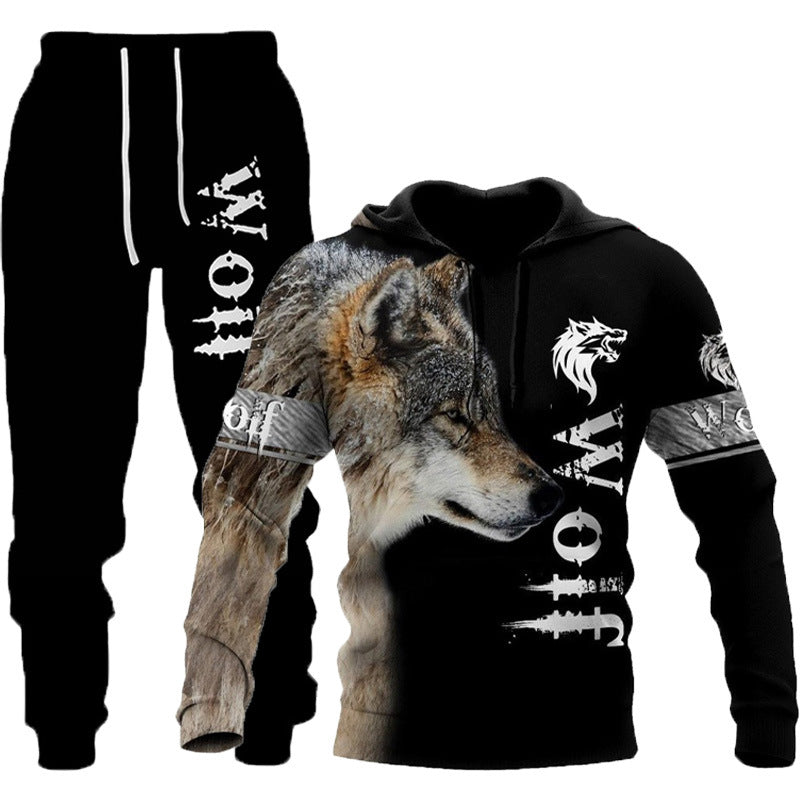 3D Wolf Print Tracksuit Men Sportswear Hooded Sweatsuit Two Piece Outdoors Running Fitness Mens Clothing Jogging Set Image