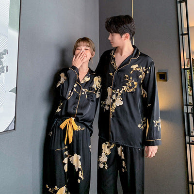 Black Imitation Silk Can Be Worn Outside Couple Pajamas Women Image